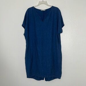 TATUUM 100% Linen Blue Short Sleeve V Neck Barrel Shape Dress EUR Size 42 US 10